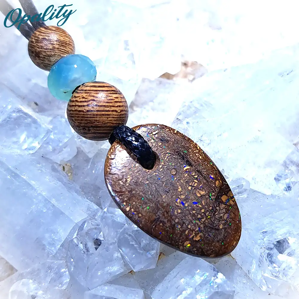 Boulder Opal, Chrysoprase & Sandalwood Bead Drilled Pendant 10ct - Image 5