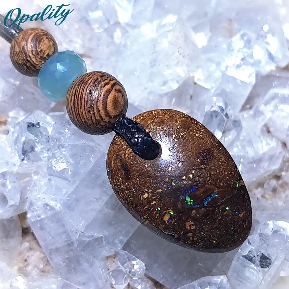 Boulder Opal, Chrysoprase & Sandalwood Bead Drilled Pendant 10ct - Image 2