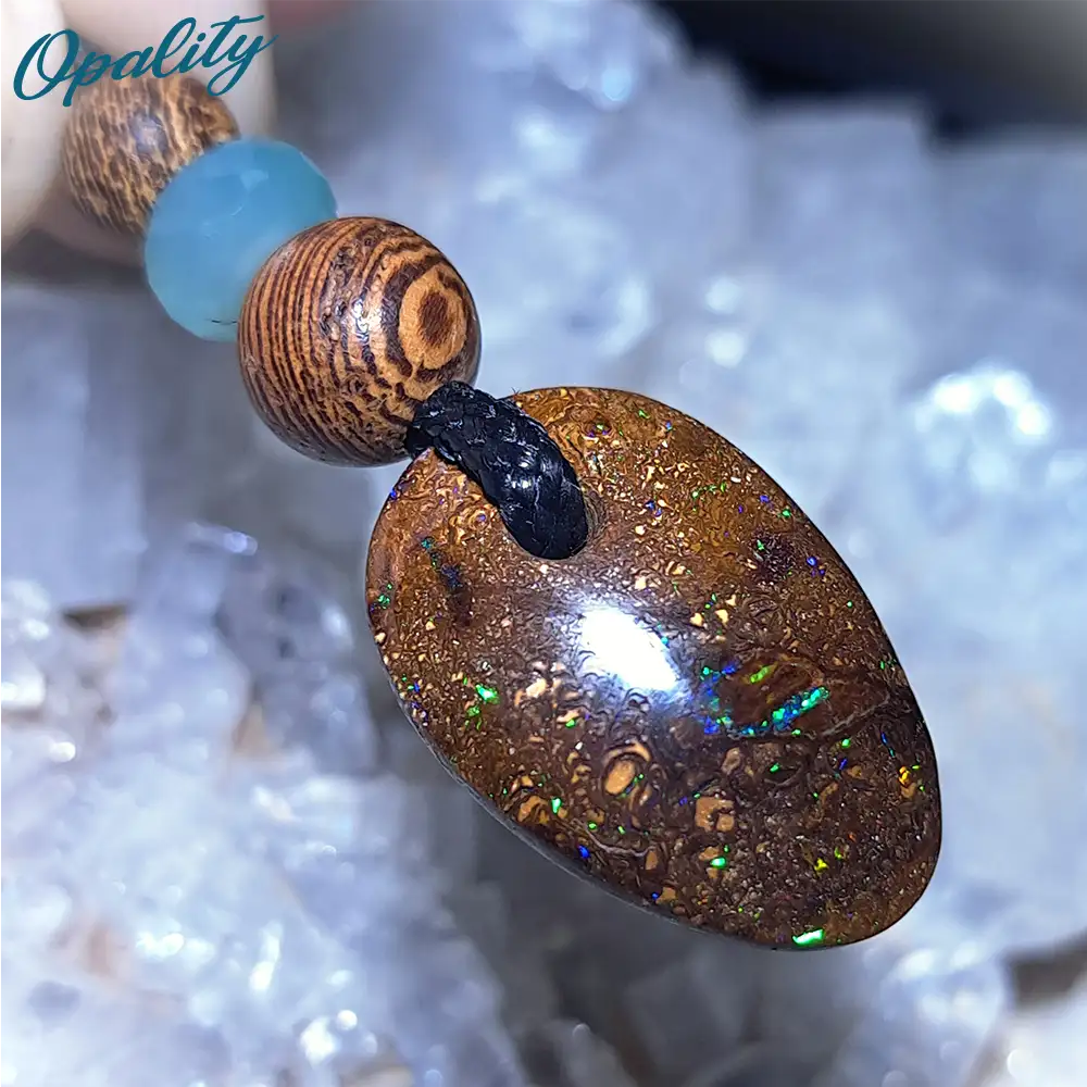 Boulder Opal, Chrysoprase & Sandalwood Bead Drilled Pendant 10ct