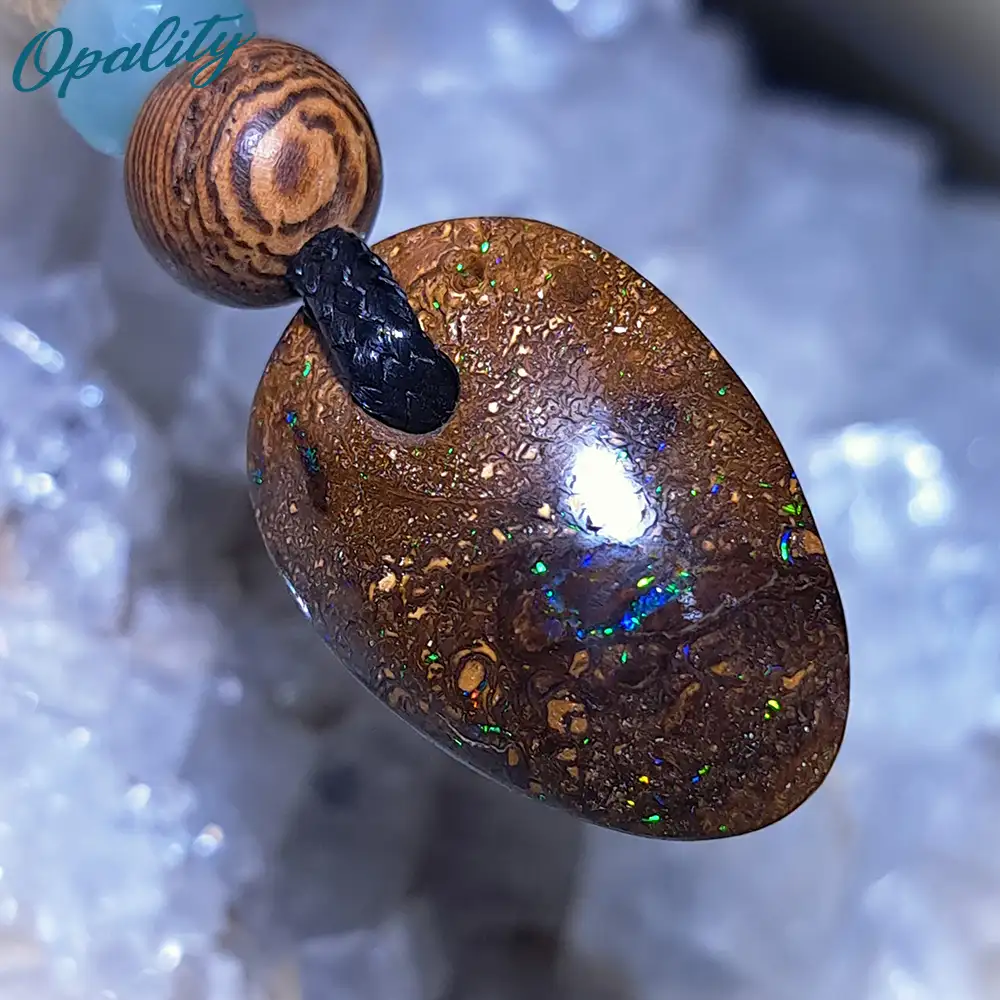 Boulder Opal, Chrysoprase & Sandalwood Bead Drilled Pendant 10ct - Image 4