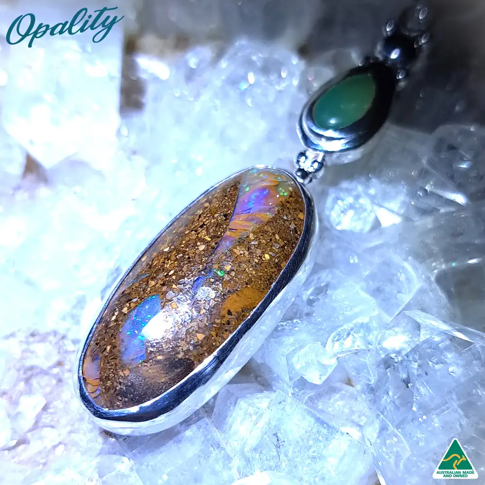 Wood Replacement Opal & Chrysoprase 925 Sterling Silver Pendant 10ct