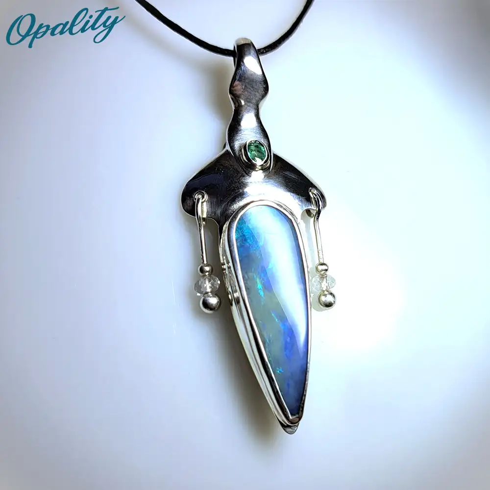 Boulder Opal & Emerald Sterling Silver Pendant