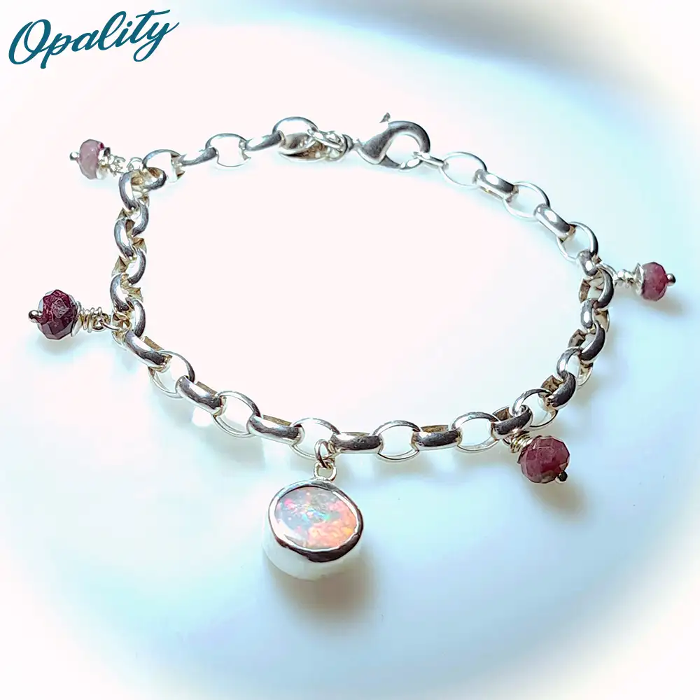 Handmade Sterling Silver Bracelet set with Natural Australian Boulder Opal & Tourmaline